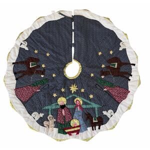 Nativity Christmas Tree Skirt Patchwork Quilted Vintage Appliqued Jesus Manger